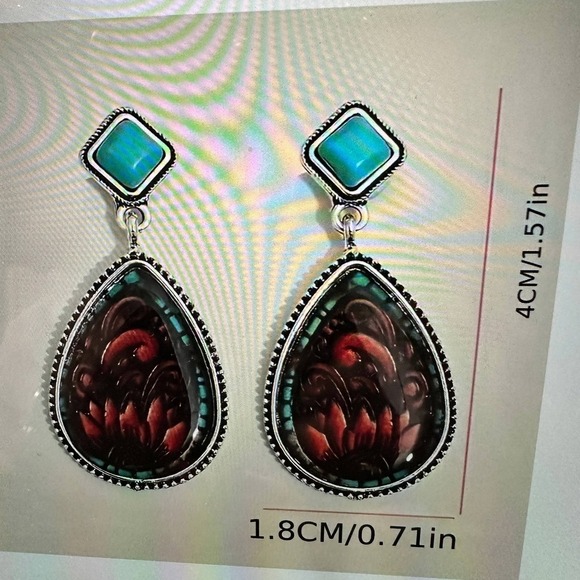 Vintage Droplet Shape Sunflower Print Dangle Earrings, Boho Western Style, Gift - Picture 10 of 10